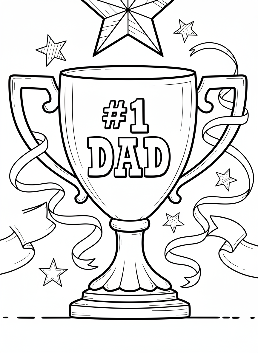 A large trophy cup with '#1 DAD' engraved on it, surrounded by stars and ribbons, simple and bold design.