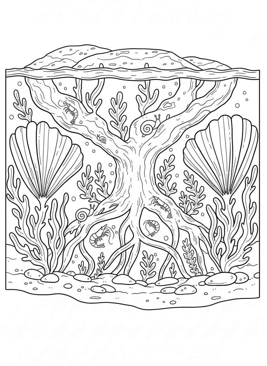 Tide pool cross-section showing seaweed roots attached to rocks, with tiny shrimp and snails living among the fronds
