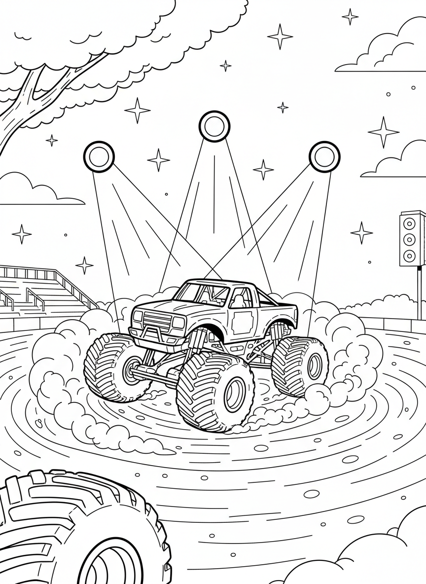 A nighttime monster truck show with the truck under spotlights, performing a donut spin, stars in the sky above.