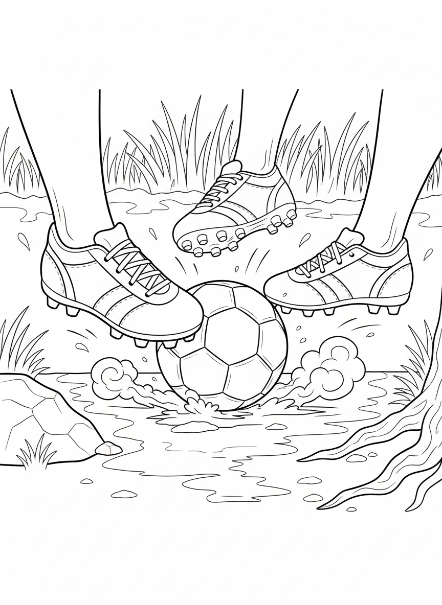 A close-up of cleats and the ball during a tight scramble for possession.