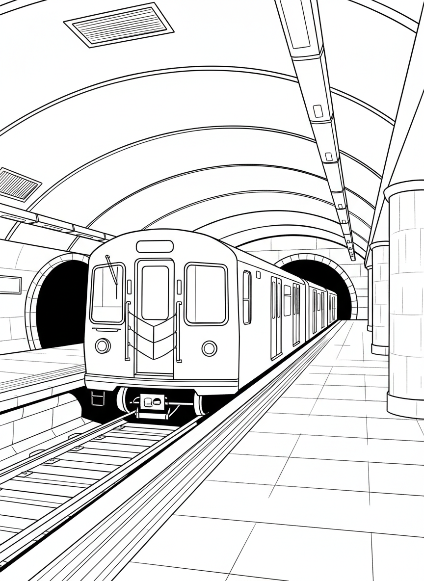 A subway train inside an underground station, with platform tiles, overhead lights, and tunnel entrances visible.