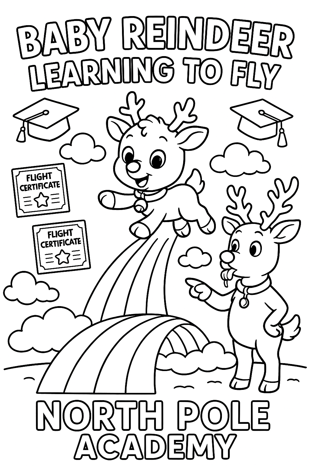 Baby reindeer learning to fly, rainbow runway, cloud obstacles course, instructor Rudolph with whistle, graduation caps, flight certificates, thick outlines, adorable North Pole academy