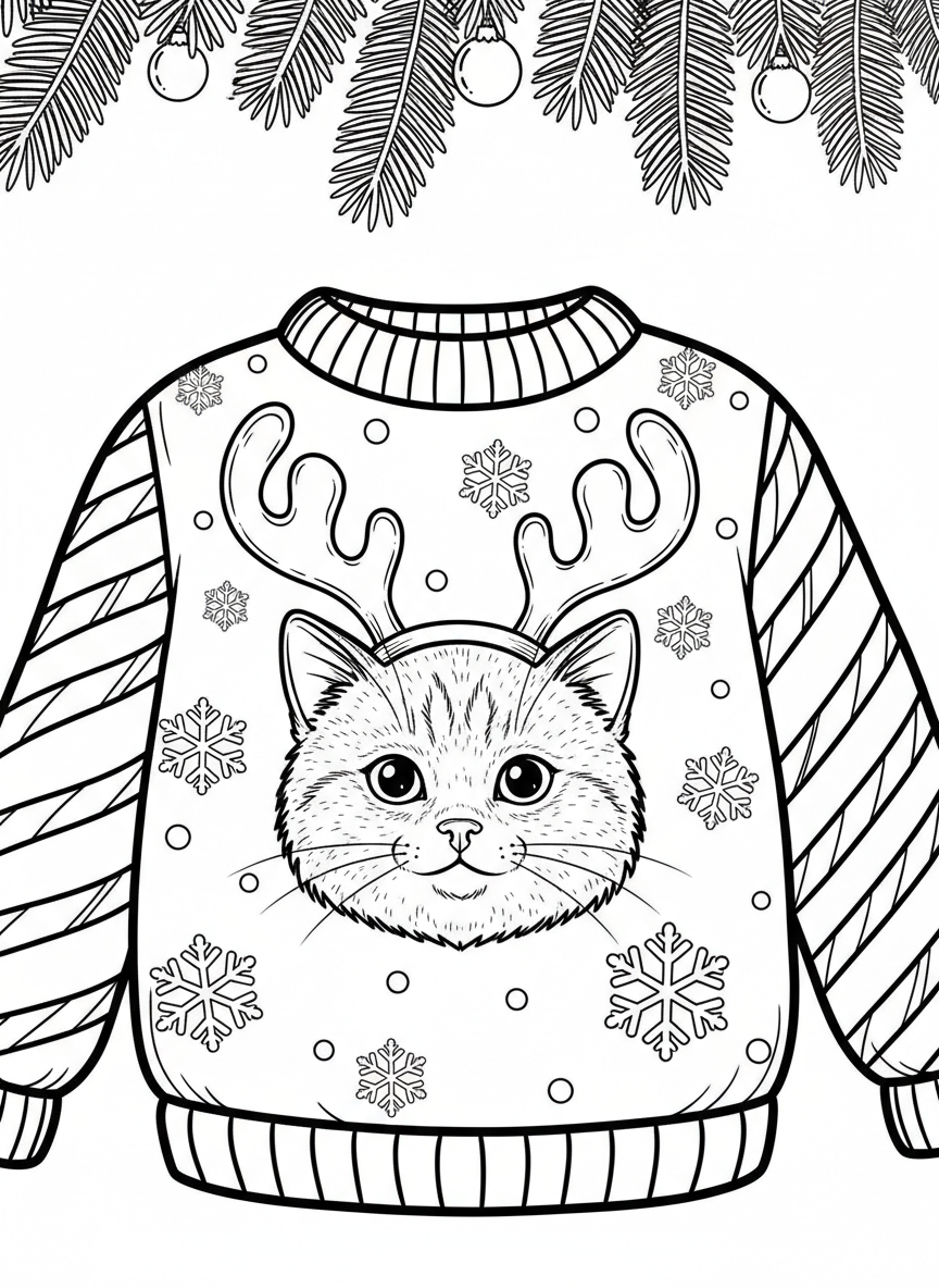 A silly sweater featuring a cat wearing reindeer antlers in the center, surrounded by snowflakes and candy cane stripes on the sleeves.