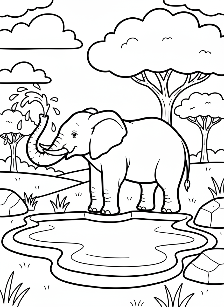 A gentle elephant spraying water from its trunk near a watering hole, with simple background details