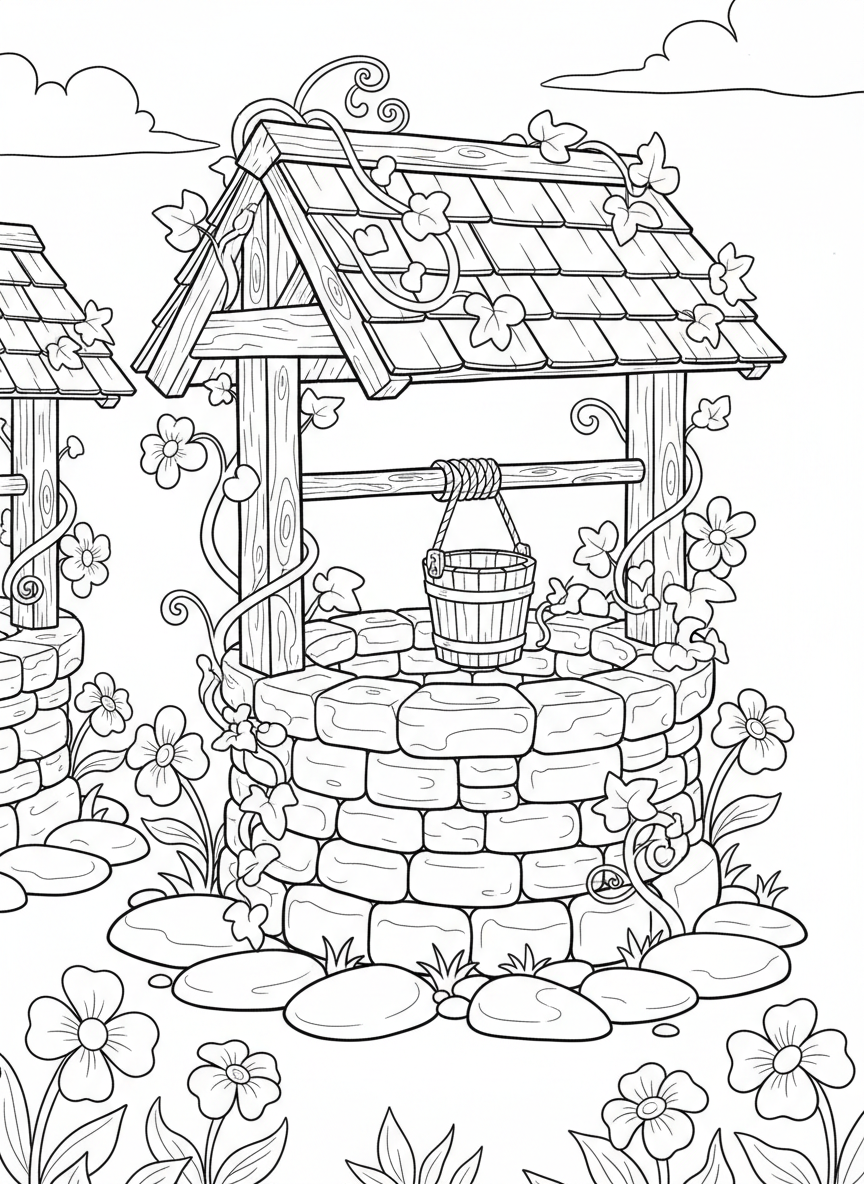 A magical wishing well made of stones with a wooden roof, bucket, and surrounded by climbing ivy and flowers