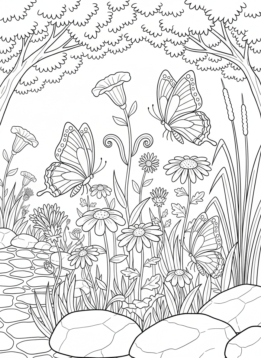 A butterfly garden with several butterflies flying among wildflowers of different shapes and sizes, nature scene.
