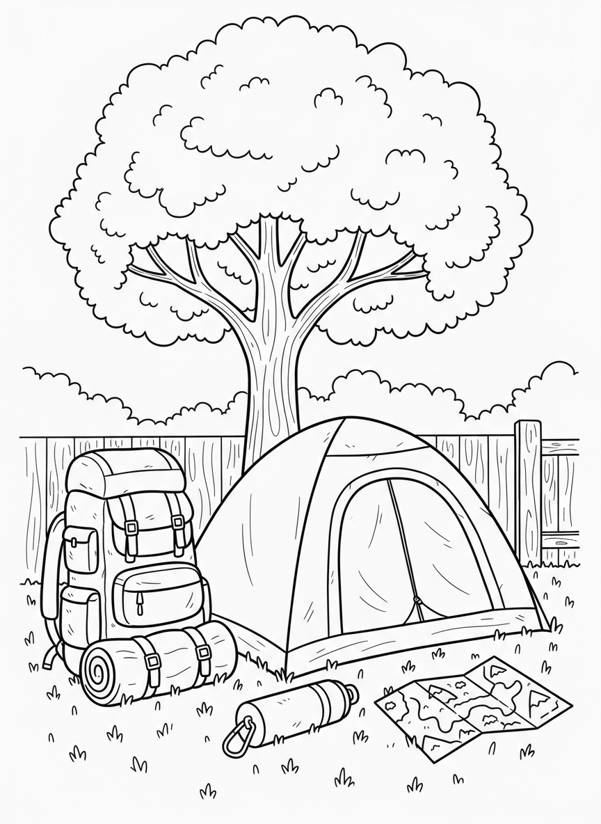 A backyard campsite with a small tent, camping backpack, water bottle, and trail map spread out on the grass.
