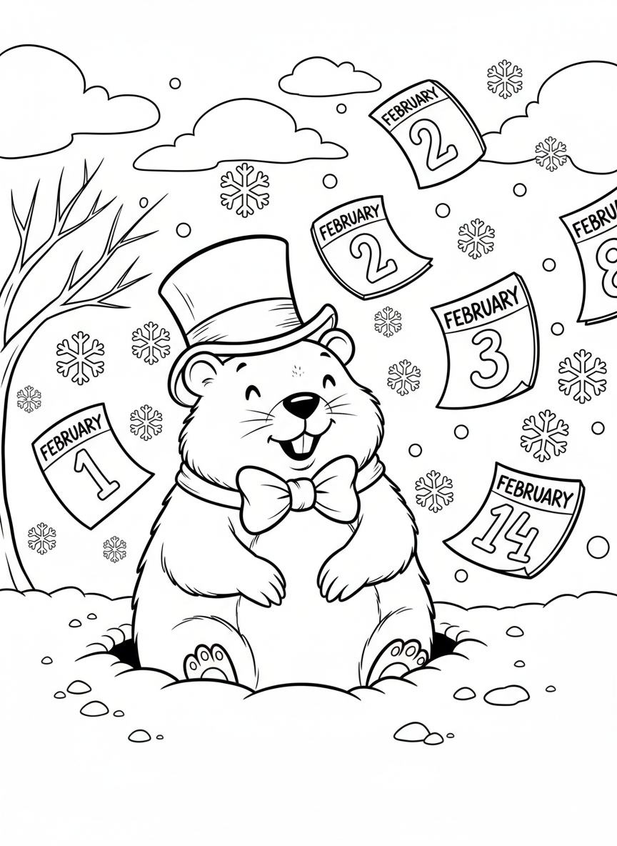 A cute groundhog wearing a top hat and bow tie, emerging from his burrow surrounded by February calendar pages and snowflakes