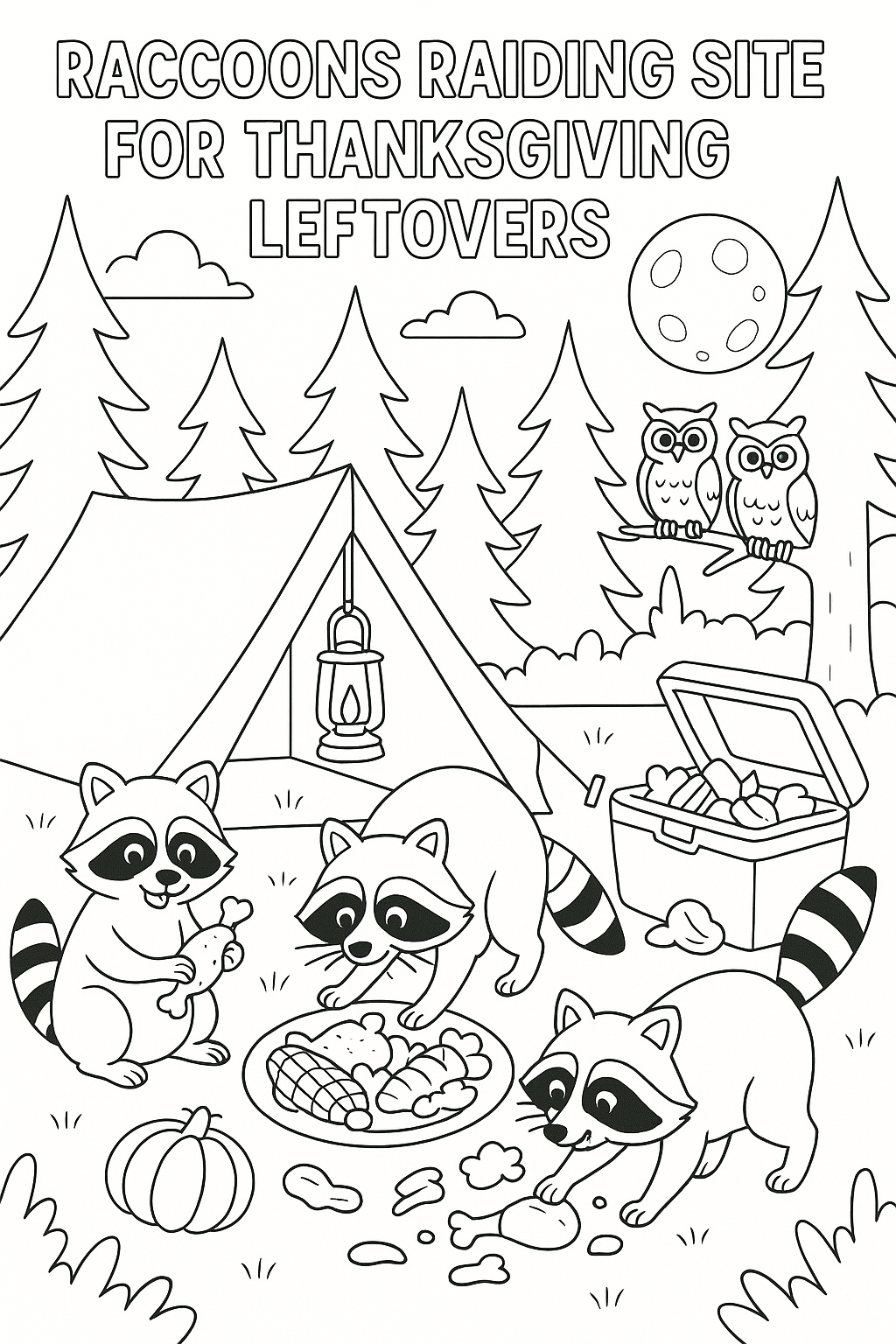 Raccoons raiding camping site for thanksgiving leftovers, tent with lantern glowing, cooler tipped over, owls watching from trees, full moon illuminating forest clearing