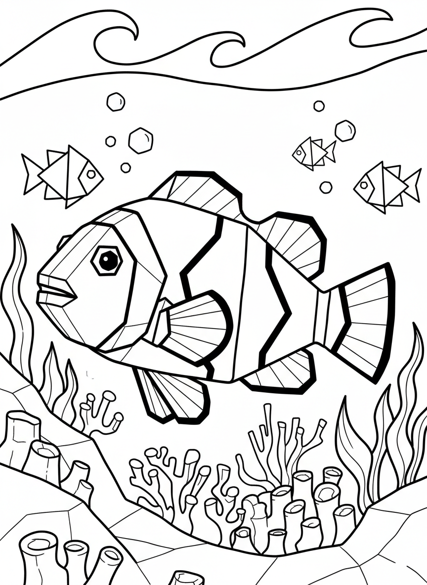 An origami clownfish with geometric stripes and angular fins, showing clear paper folding patterns and simple shapes.