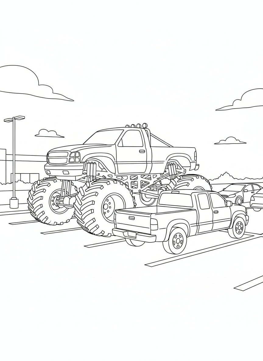 A monster truck parked next to a regular pickup truck showing the size comparison, both vehicles in a parking lot.