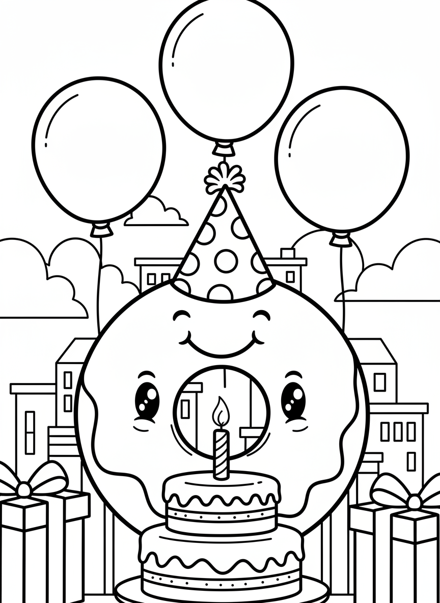 A donut having a birthday party with balloons, presents, and a birthday cake, wearing a party hat and celebrating