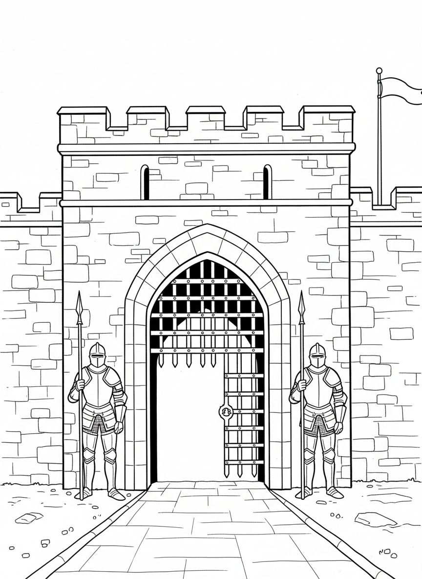 A castle gatehouse with a portcullis, stone archway, and two guards standing at attention with spears.