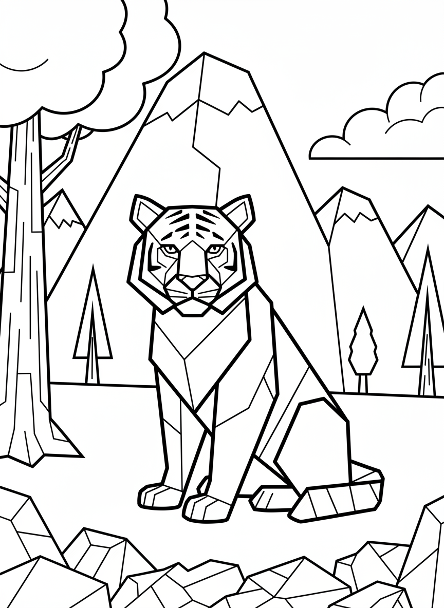A simple origami tiger with geometric folded paper shapes, sitting calmly with clear angular lines and triangular ears, perfect for young children to color.