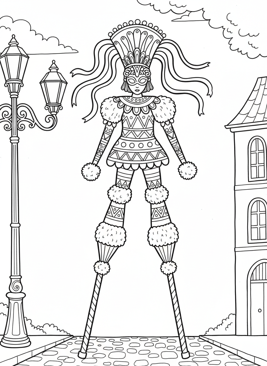 A parade performer on stilts wearing a tall costume decorated with geometric patterns, pom-poms, and ribbons.
