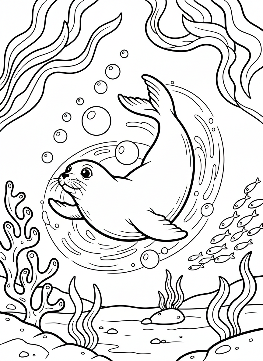 A seal doing an underwater spin with trailing bubbles, viewed from the side, ocean background.