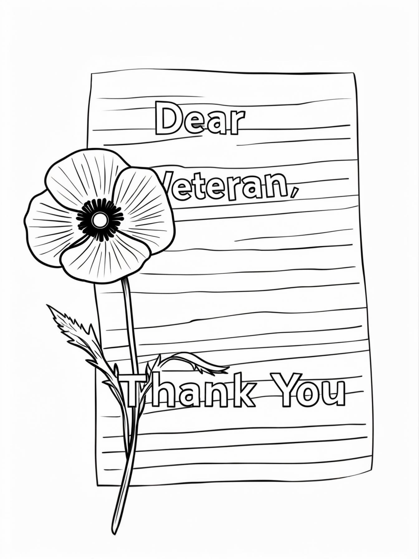 A "Thank You" Letter and a Poppy A simple composition showing a piece of lined paper in the center, as if from a child's notebook. Written on it in clear, block letters is "Dear Veteran, Thank You." Lying across the corner of the note is a single, detailed red poppy with its black center and green stem.