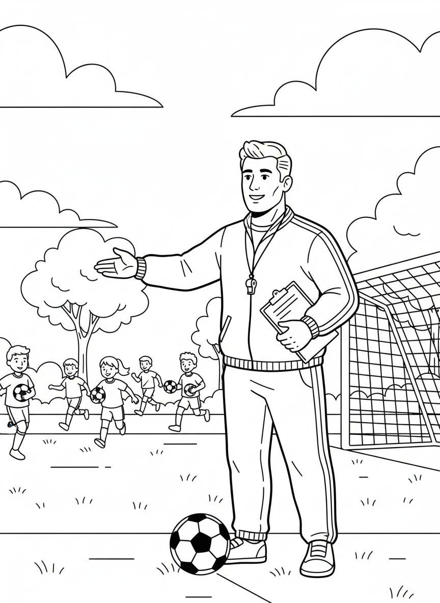 A dad coaching a soccer game, holding a clipboard and whistle, with a soccer ball at his feet