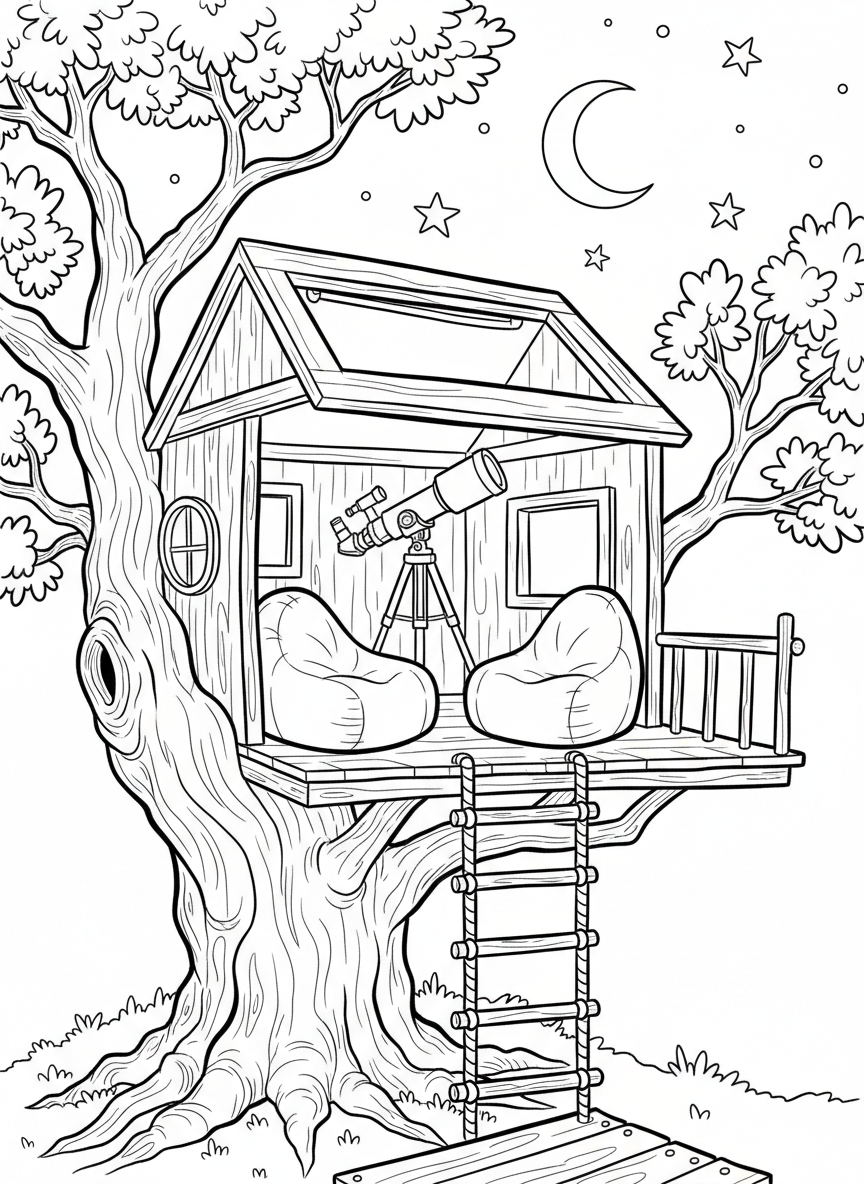 A treehouse with a retractable roof panel, comfortable bean bag chairs, and a computerized telescope tracking stars across the night sky.