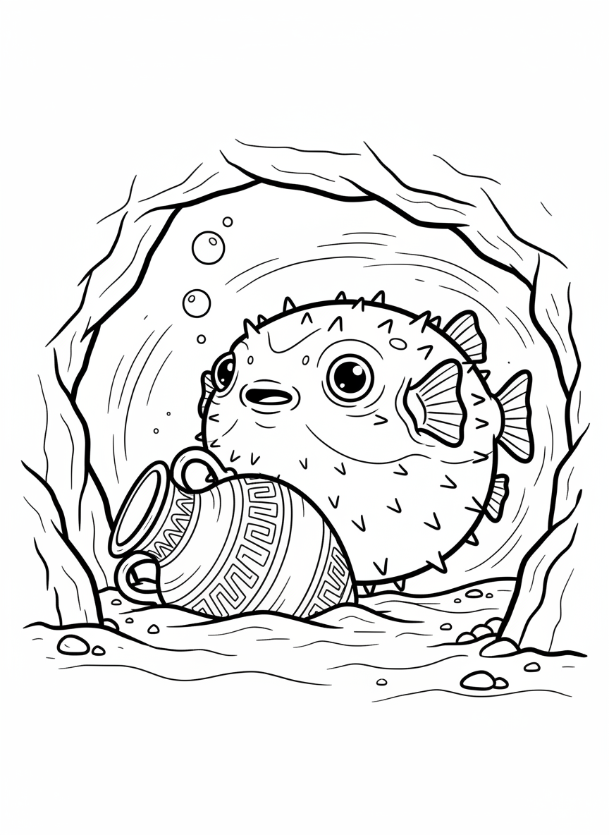 A cute pufferfish discovering an ancient vase half-buried in the sand inside a hidden cave alcove