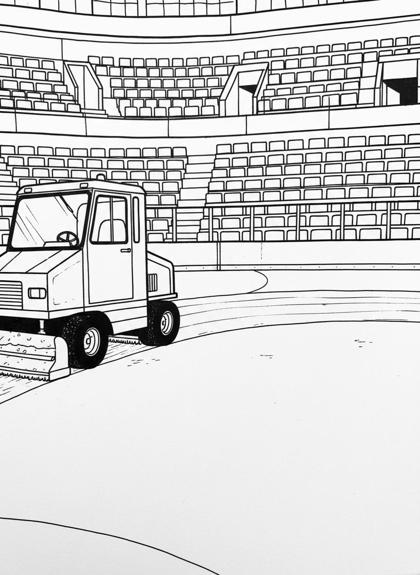 A Zamboni ice resurfacing machine driving across the rink between periods, with clean ice trail behind it and arena seating visible.