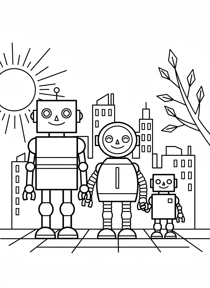 A robot family portrait showing three robots of different sizes standing together, with simple geometric shapes for bodies and smiling faces.