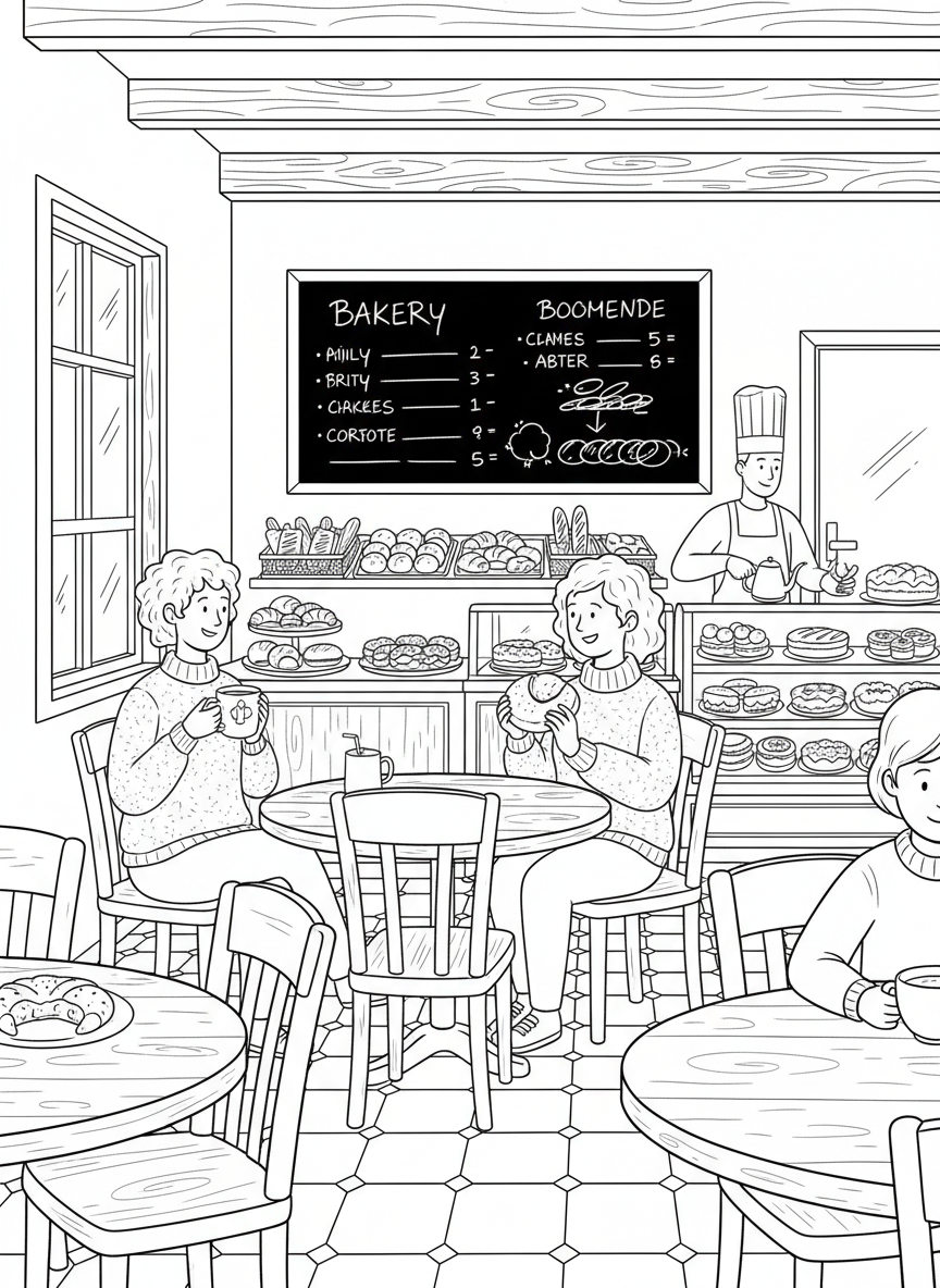 A cozy bakery interior with tables, chairs, a chalkboard menu, and customers enjoying treats