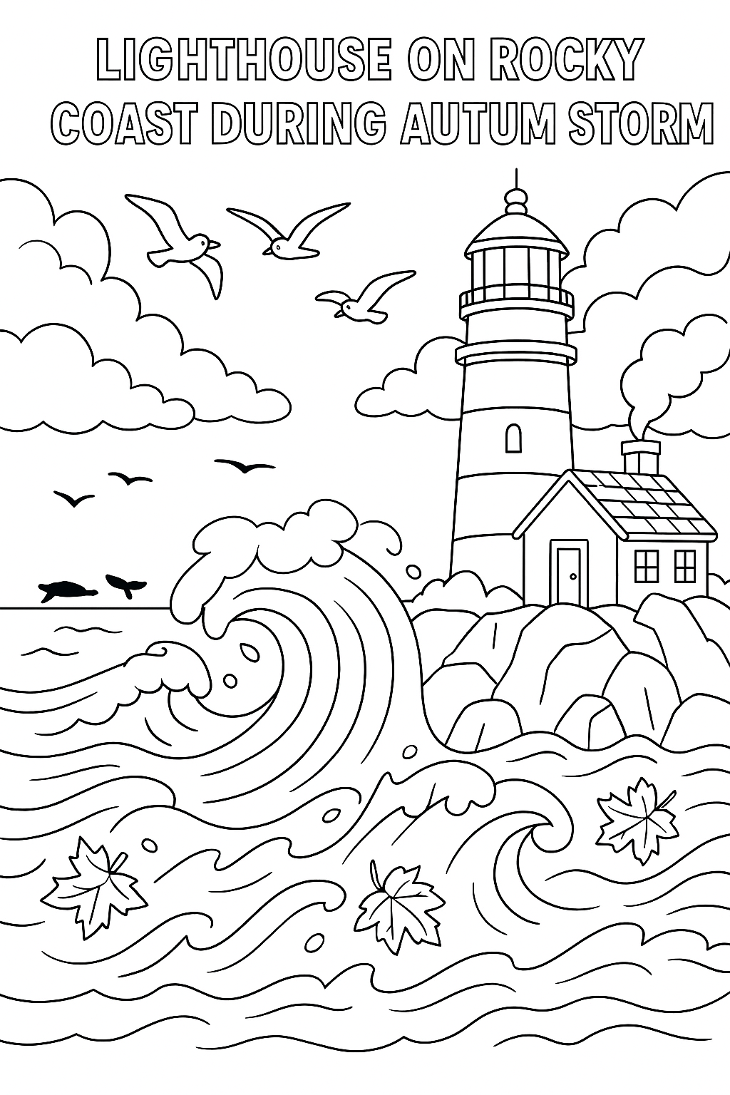 Lighthouse on rocky coast during autumn storm, waves crashing with fallen leaves in foam, keeper's cottage with smoke from chimney, migrating whales visible in distance, seagulls circling