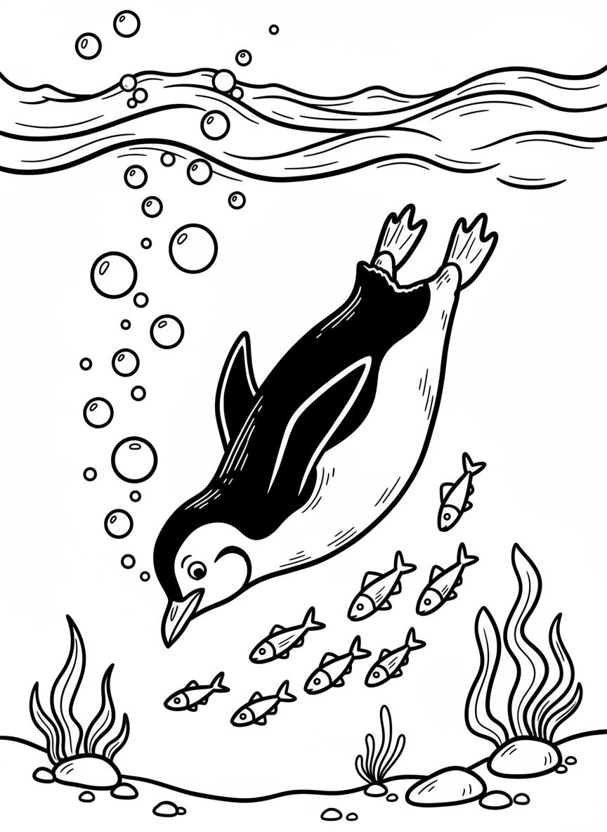 A penguin diving into the ocean to catch fish, showing underwater bubbles and small fish swimming nearby.