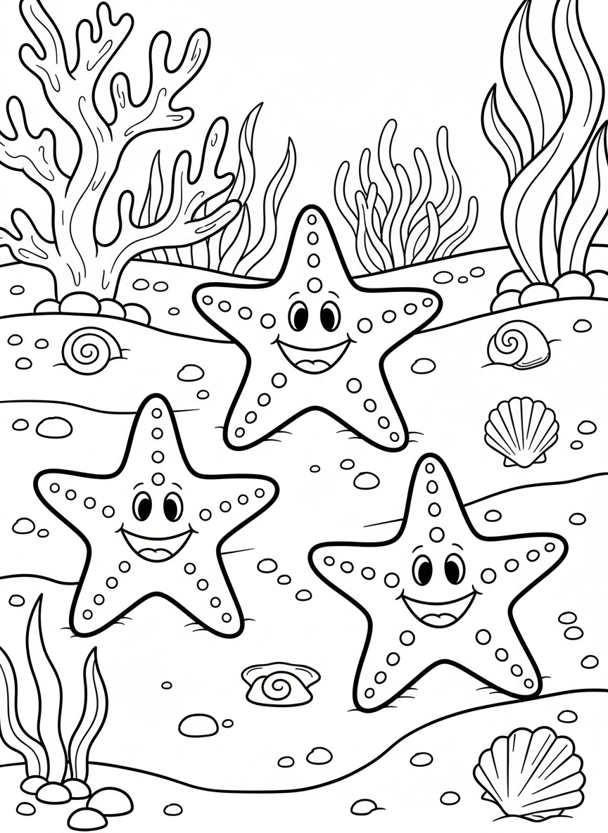 Simple coloring page with exactly 3 smiling starfish arranged on a sandy ocean floor with small shells scattered around, clear outlines for counting practice.