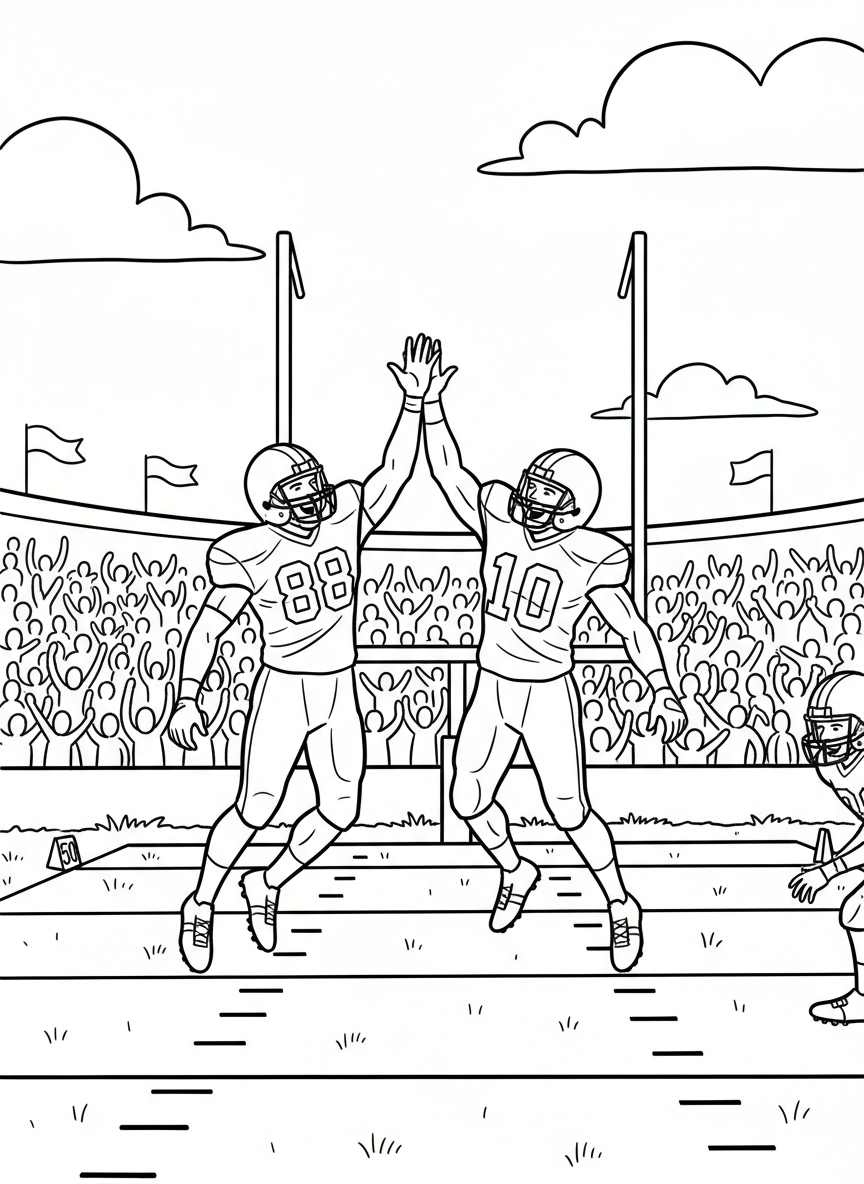 Two football players giving each other a high-five after scoring a touchdown, celebrating together with excitement.