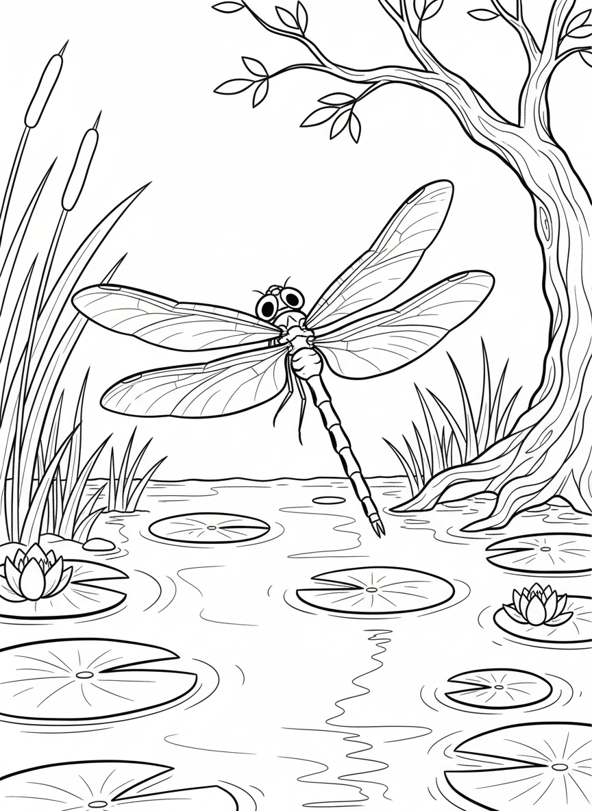 A dragonfly hovering above a pond filled with lily pads, reeds, and reflections shimmering on the water surface.