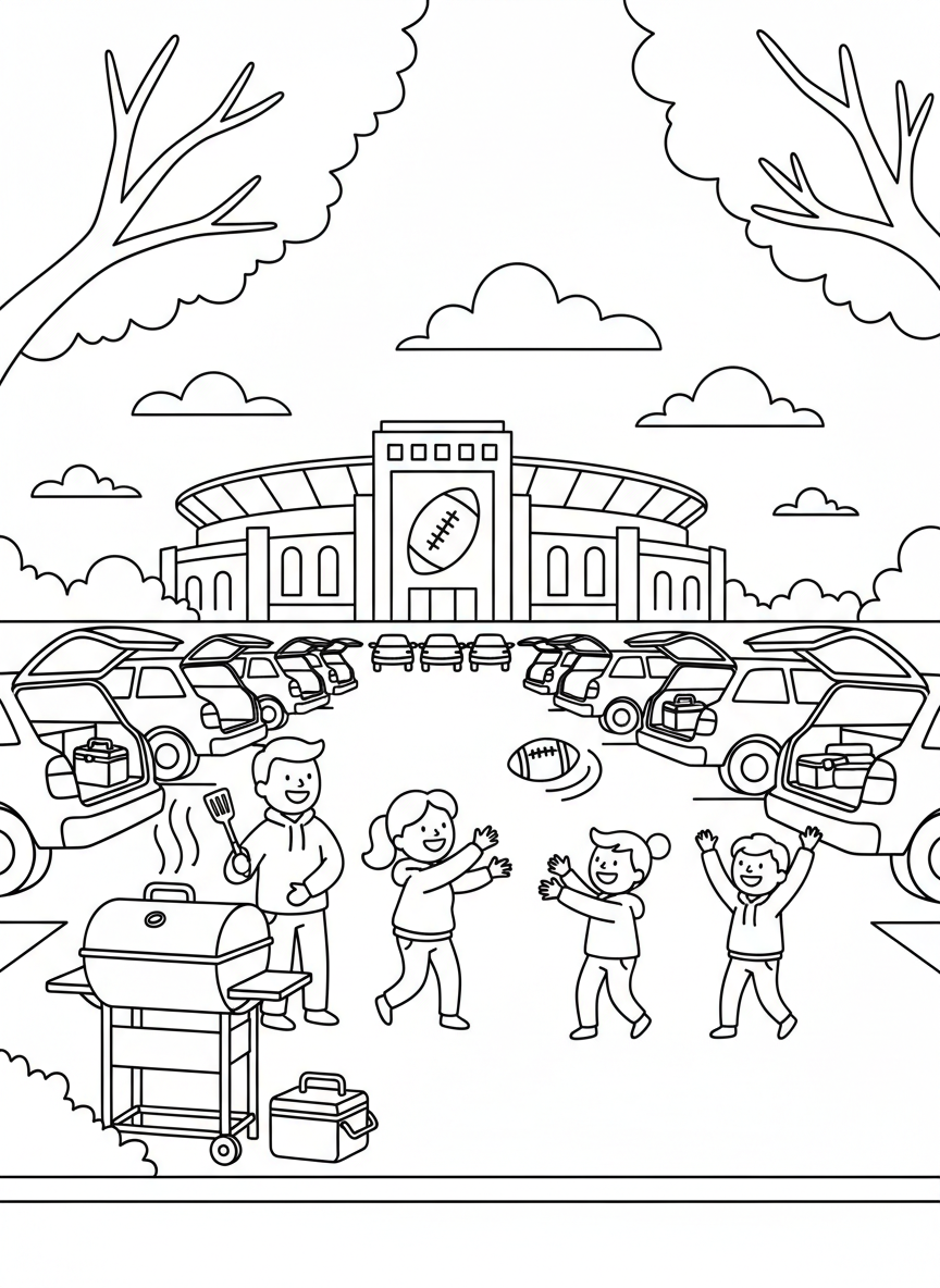 A parking lot scene before the game with families tailgating, grilling food, and playing catch with a football.