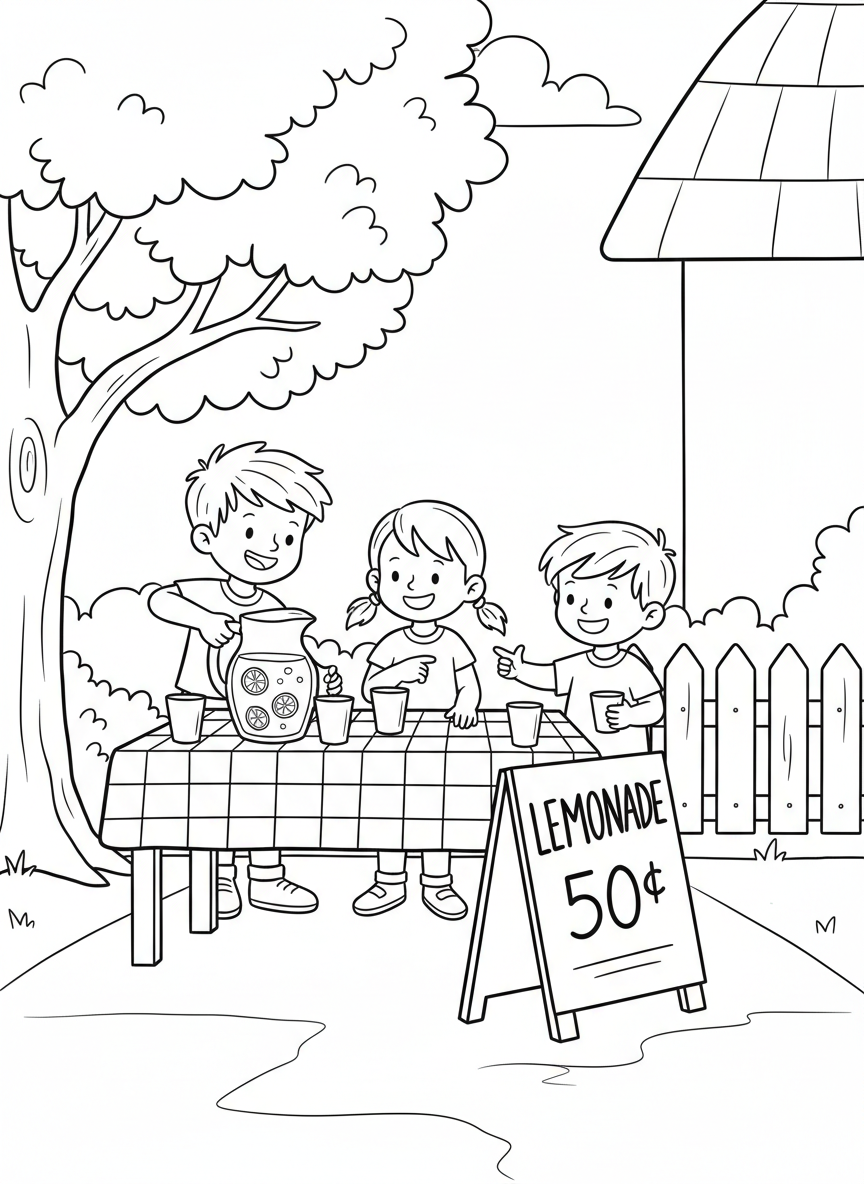 A lemonade stand run by kids with a pitcher, cups, and a sign, enjoying entrepreneurial fun on the long weekend.