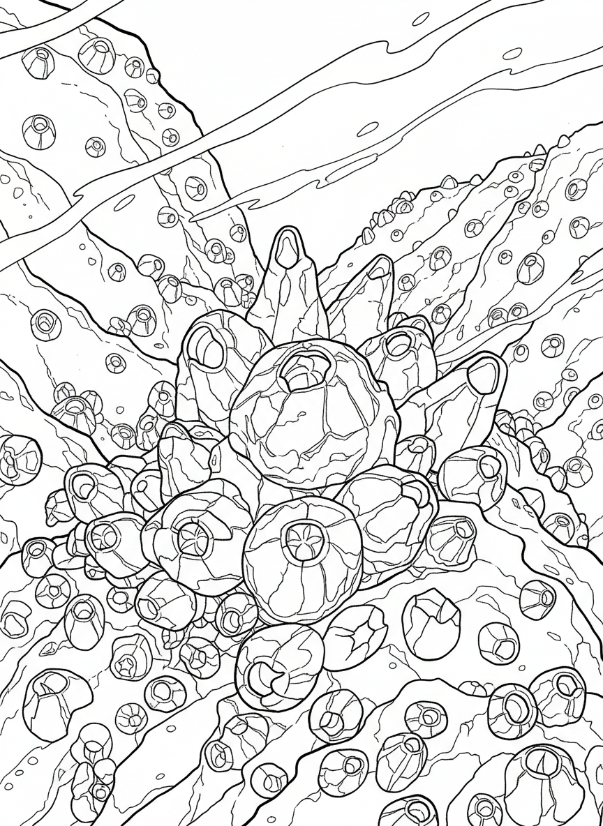 A collection of different barnacle species in various cone and volcano shapes clustered together, showing diversity in sizes and forms