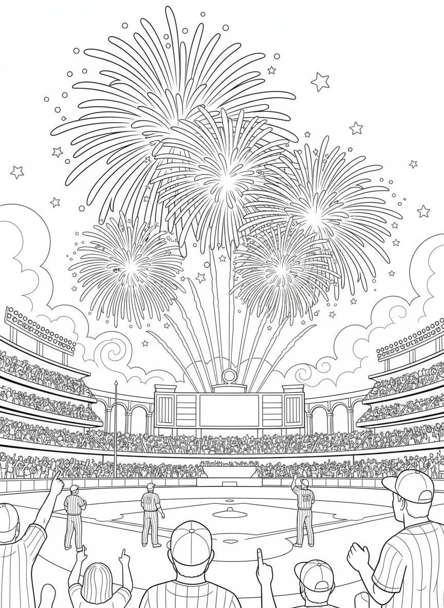 MLB All Star Game coloring page prompts highlighting summer baseball, star players, iconic ballparks, and celebratory league traditions.	A postgame fireworks display above the ballpark, players and fans watching together as the summer night lights up in celebration.