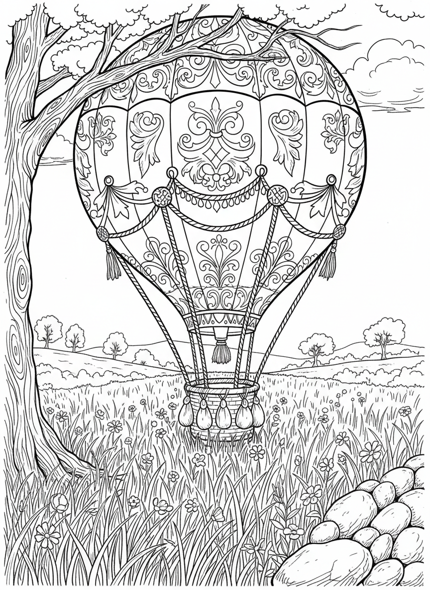 A vintage-style hot air balloon with ornate Victorian patterns and decorative ropes, floating over an open field.
