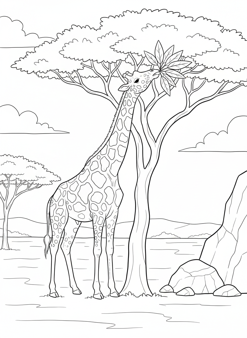 A spotted giraffe reaching up to eat leaves from a tall tree in the African plains.