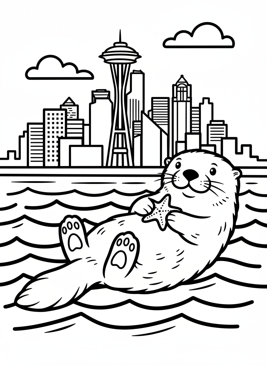 A cute sea otter floating on its back in Elliott Bay with the Seattle skyline in the distance, simple and charming.
