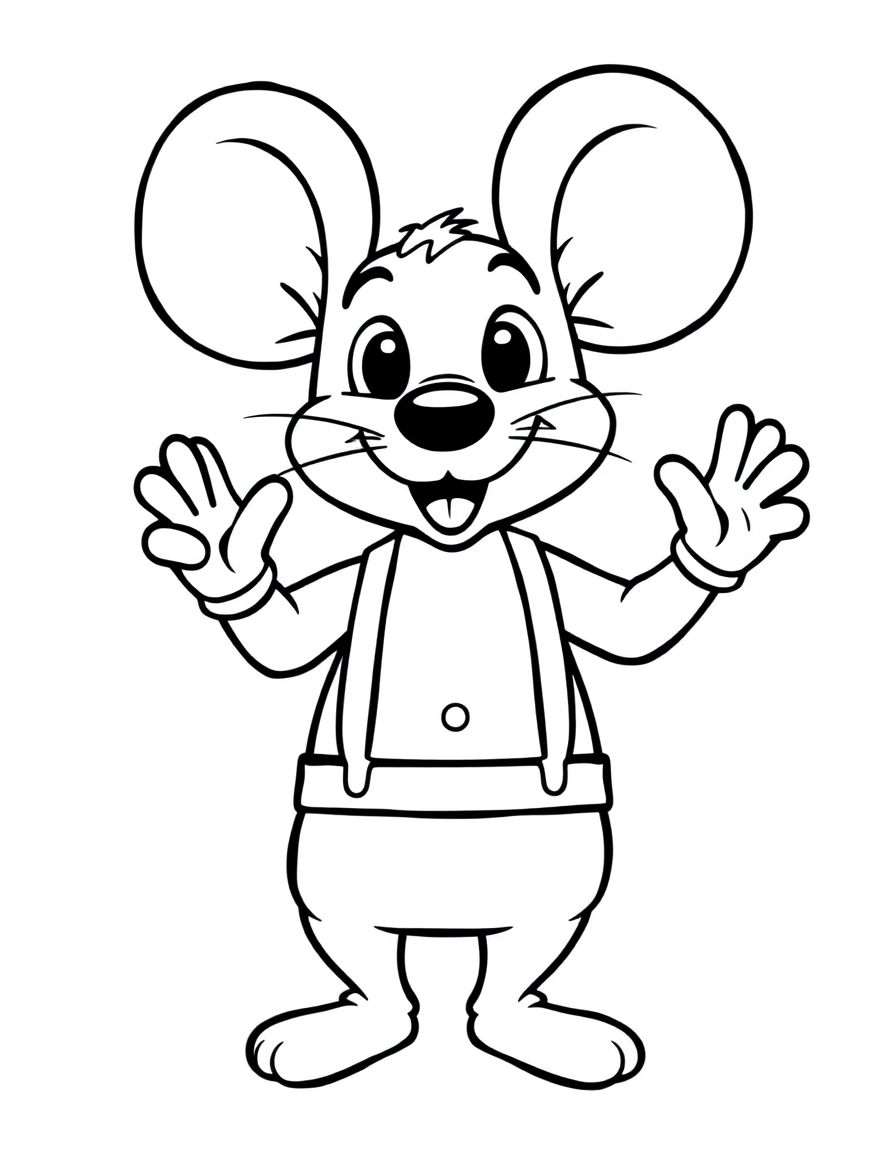 A cheerful mouse with big round ears, wearing gloves and suspenders, happily waving while standing on a stage.