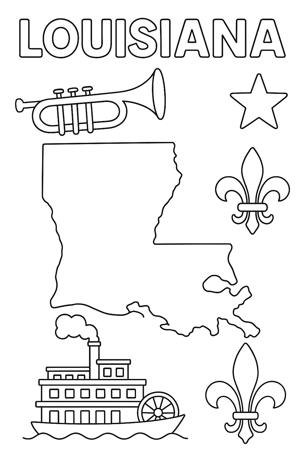 Write “Louisiana” once at the top in outlined letters. Draw a large, centered state outline. Add one trumpet, one riverboat, one fleur-de-lis, and one star icon in corners. no outlines around the image