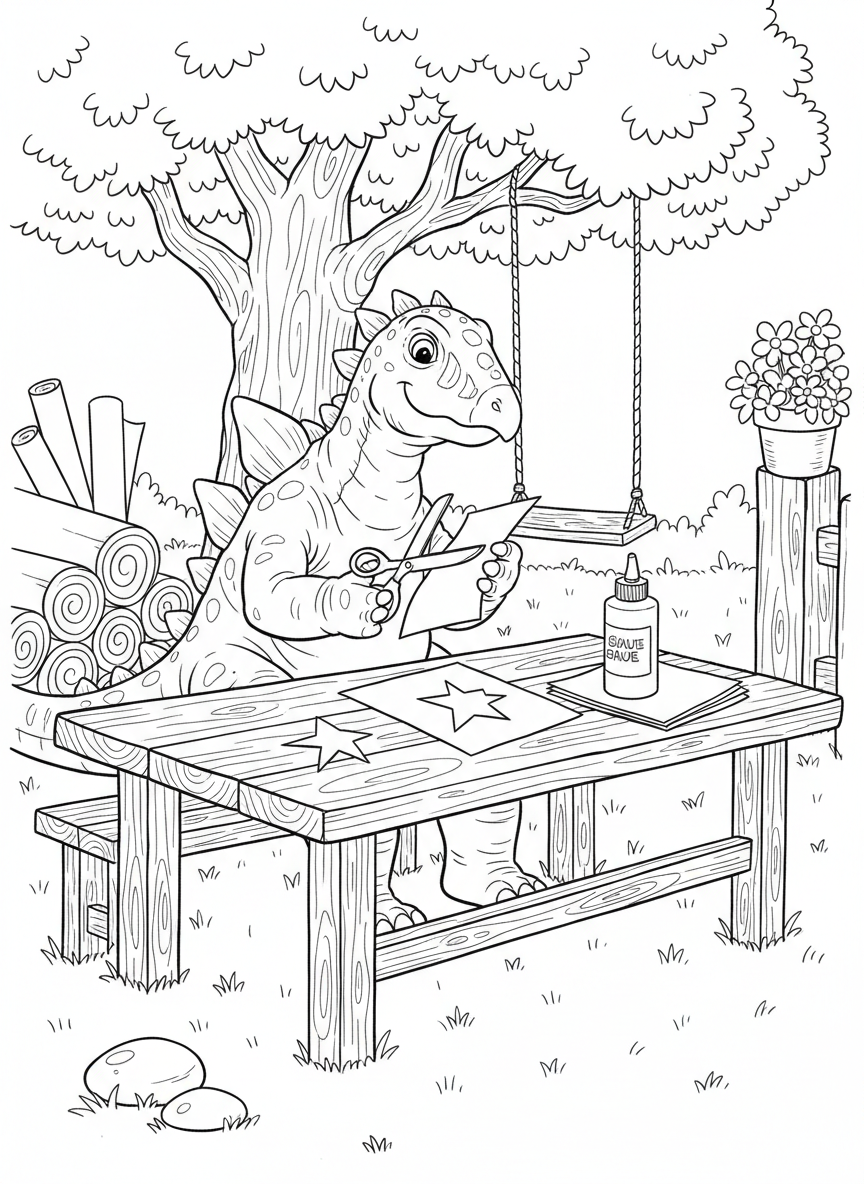 A Kentrosaurus sitting at a craft table with scissors, paper, and glue, enjoying an arts and crafts activity.