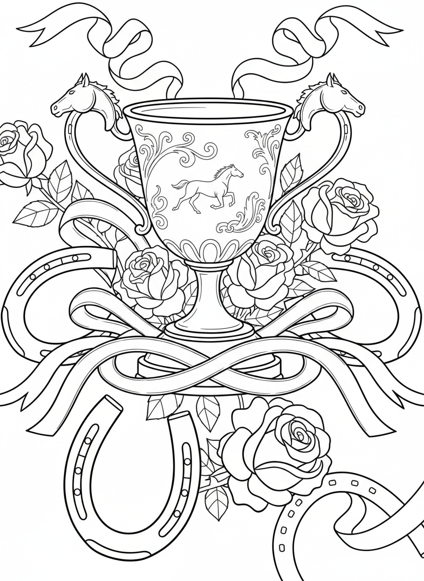 A decorative Kentucky Derby trophy cup surrounded by horseshoes, roses, and racing ribbons.