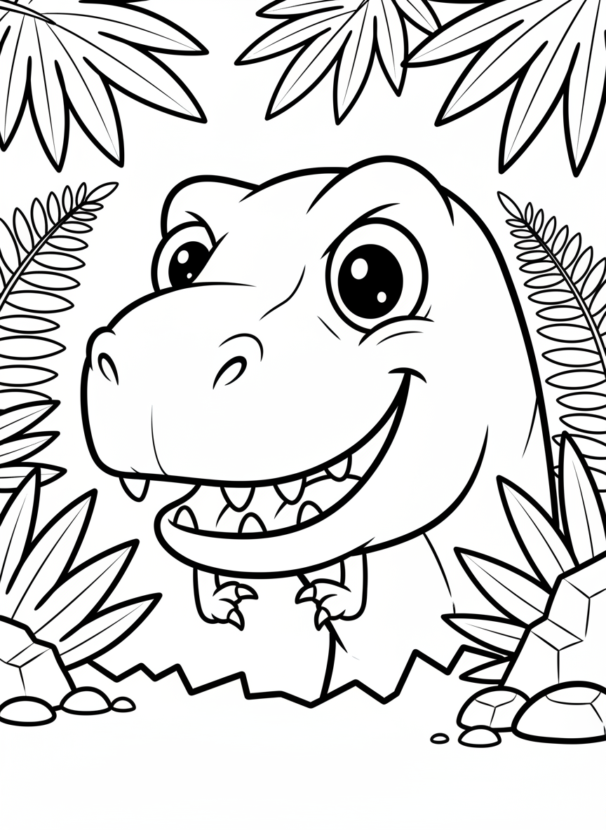 A simple cartoon-style T-Rex head portrait with big eyes, friendly smile, and small arms visible at the bottom.
