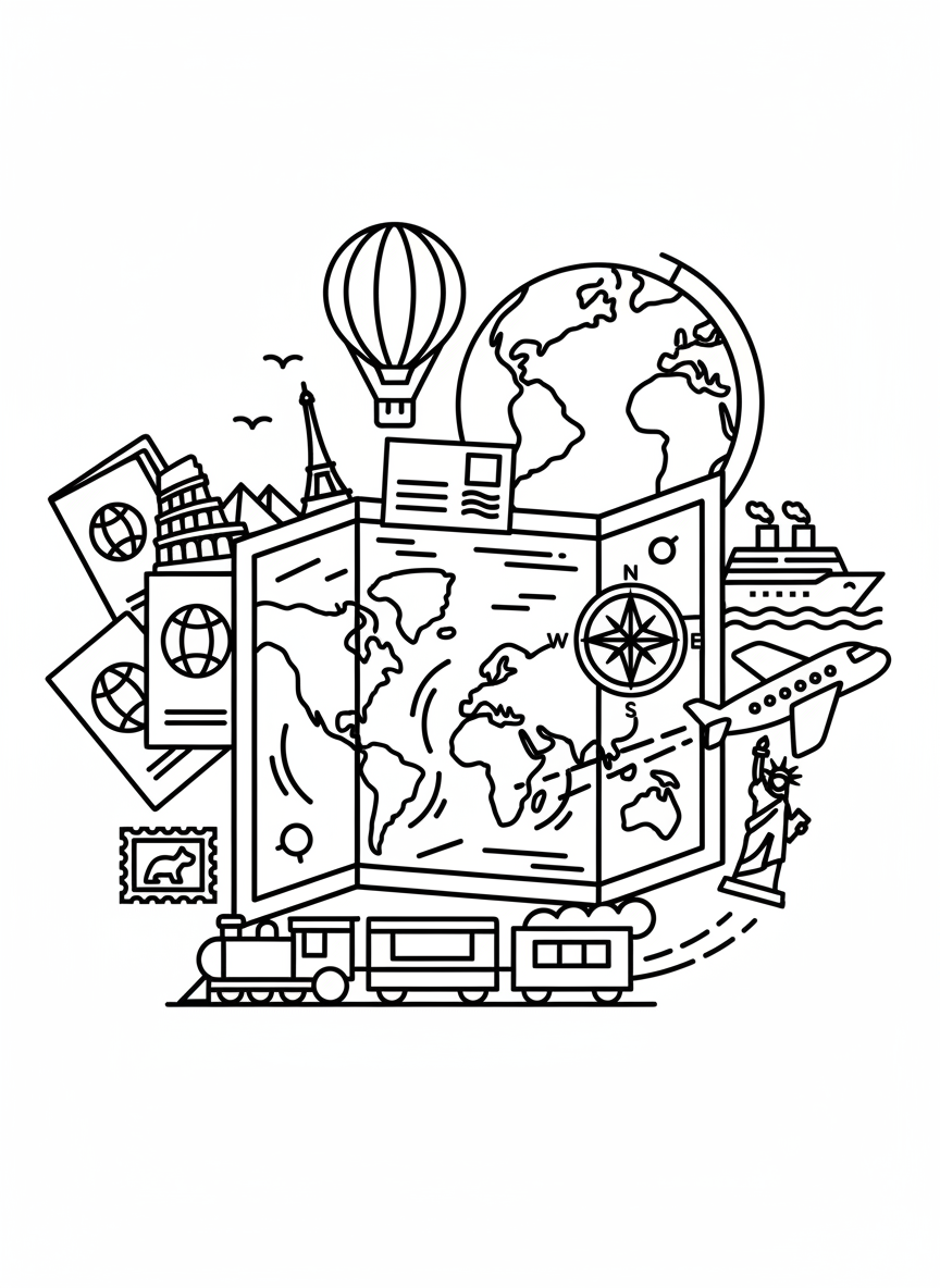 A world travel scene with maps, passports, postcards, landmarks, and transportation from different regions displayed together.
