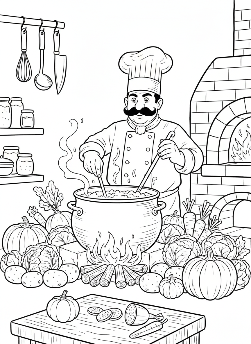 A chef in a tall hat stirring a big pot in a restaurant kitchen, surrounded by fresh vegetables and cooking utensils.