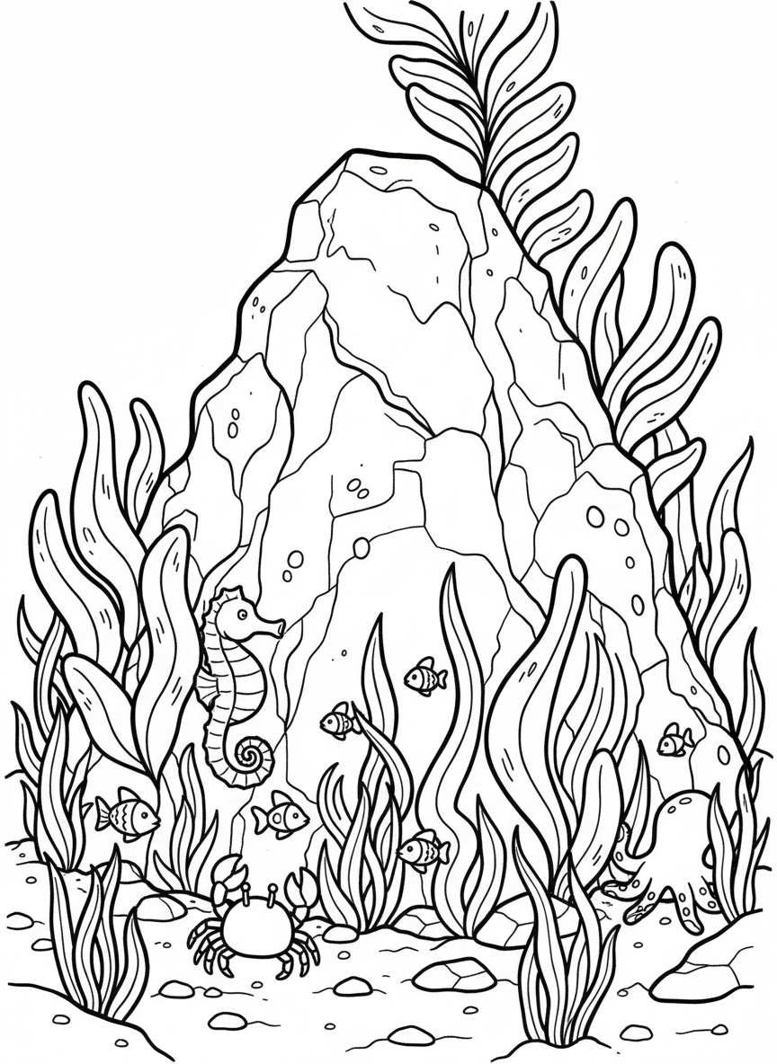 A large rock featuring an underwater garden with kelp, sea grass, and small creatures hiding among the plants