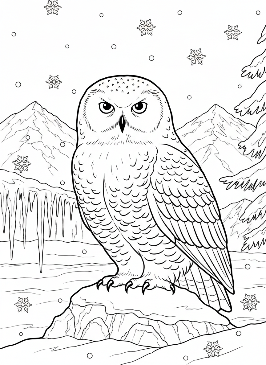 A snowy owl standing in an arctic landscape with snowflakes falling gently around it.
