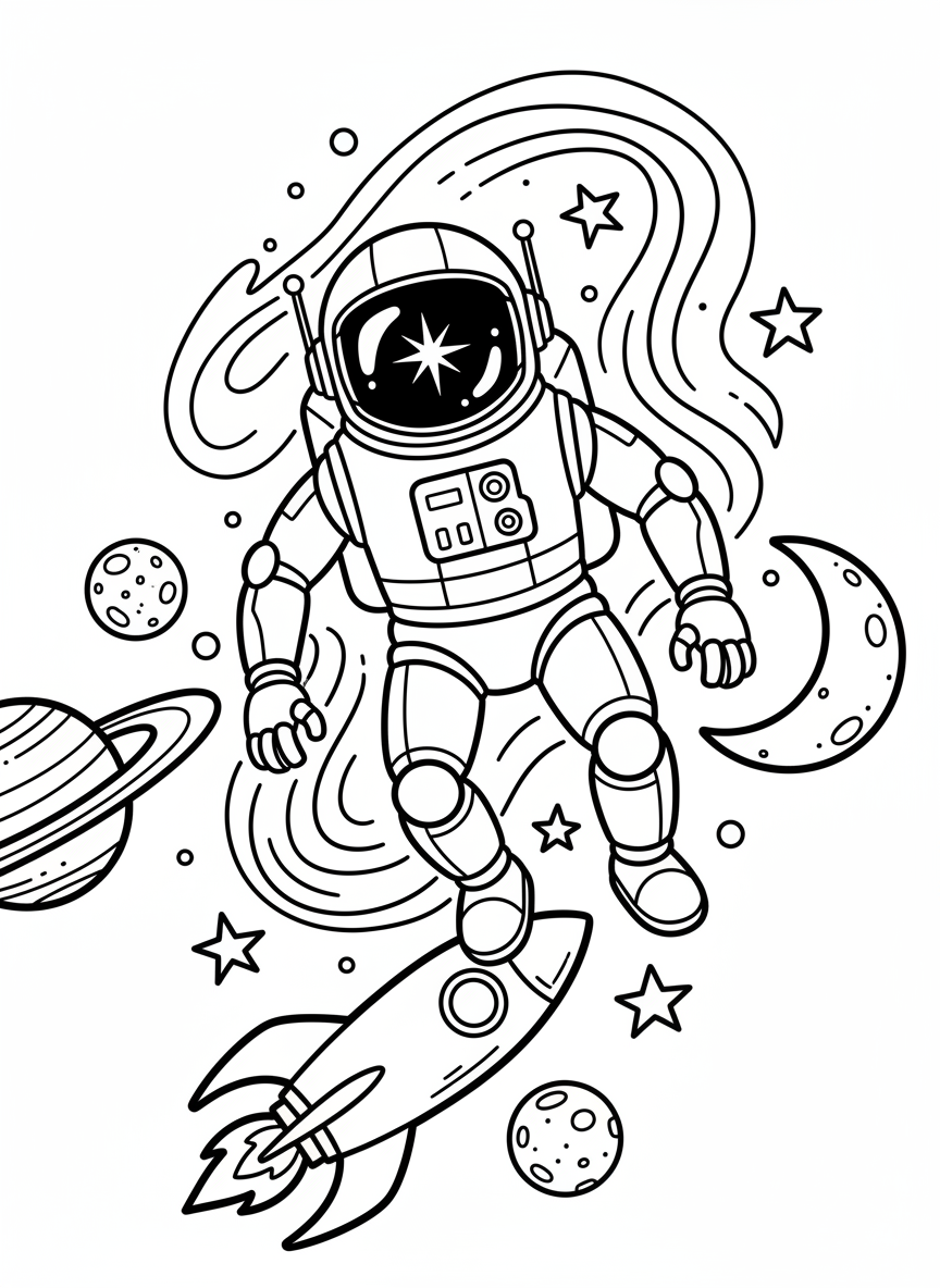 A robot astronaut floating in space surrounded by stars, planets, and a rocket ship in the distance.