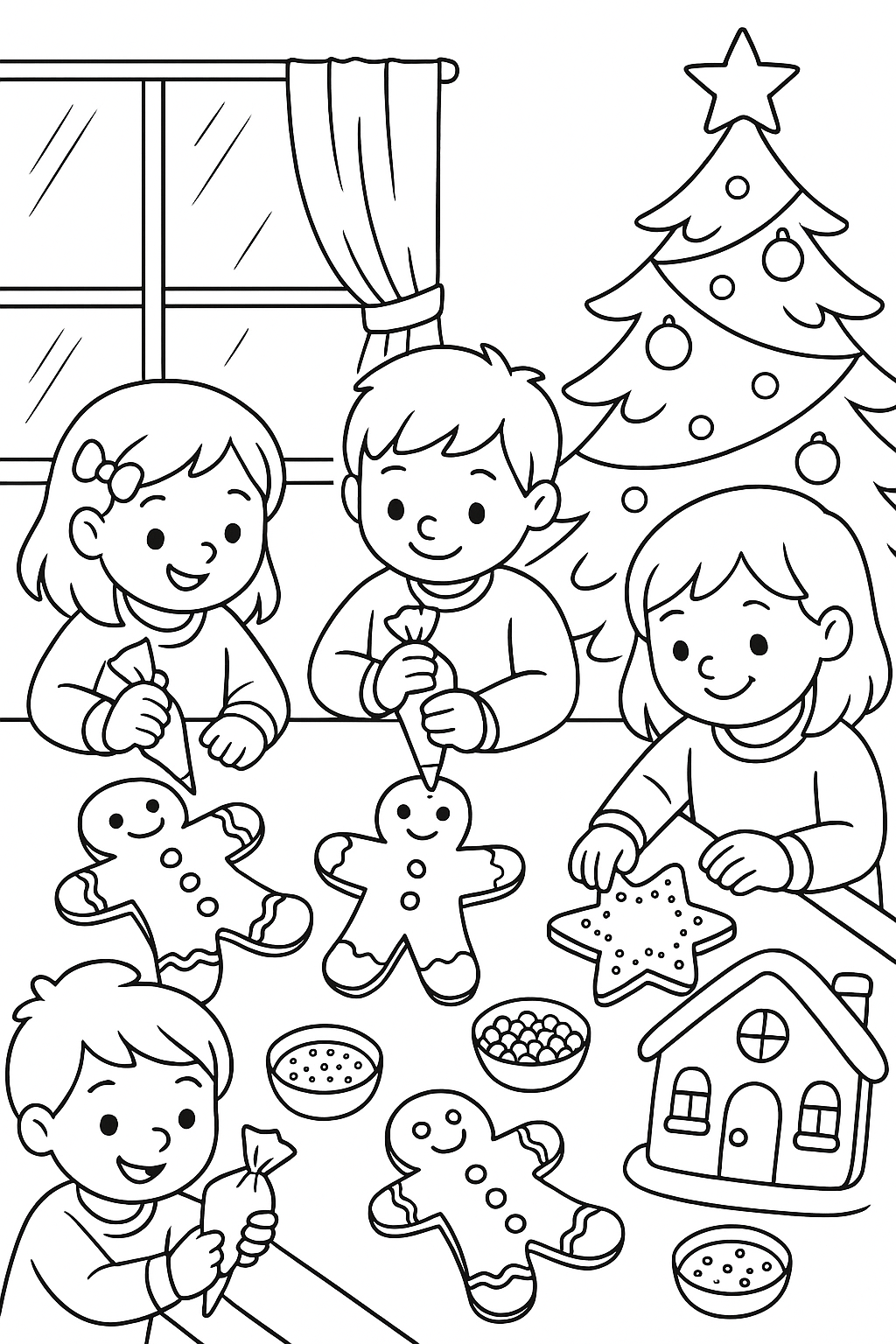 Children decorating giant gingerbread cookies at a kitchen table with frosting bags, sprinkles, and candy decorations, Christmas tree visible in background